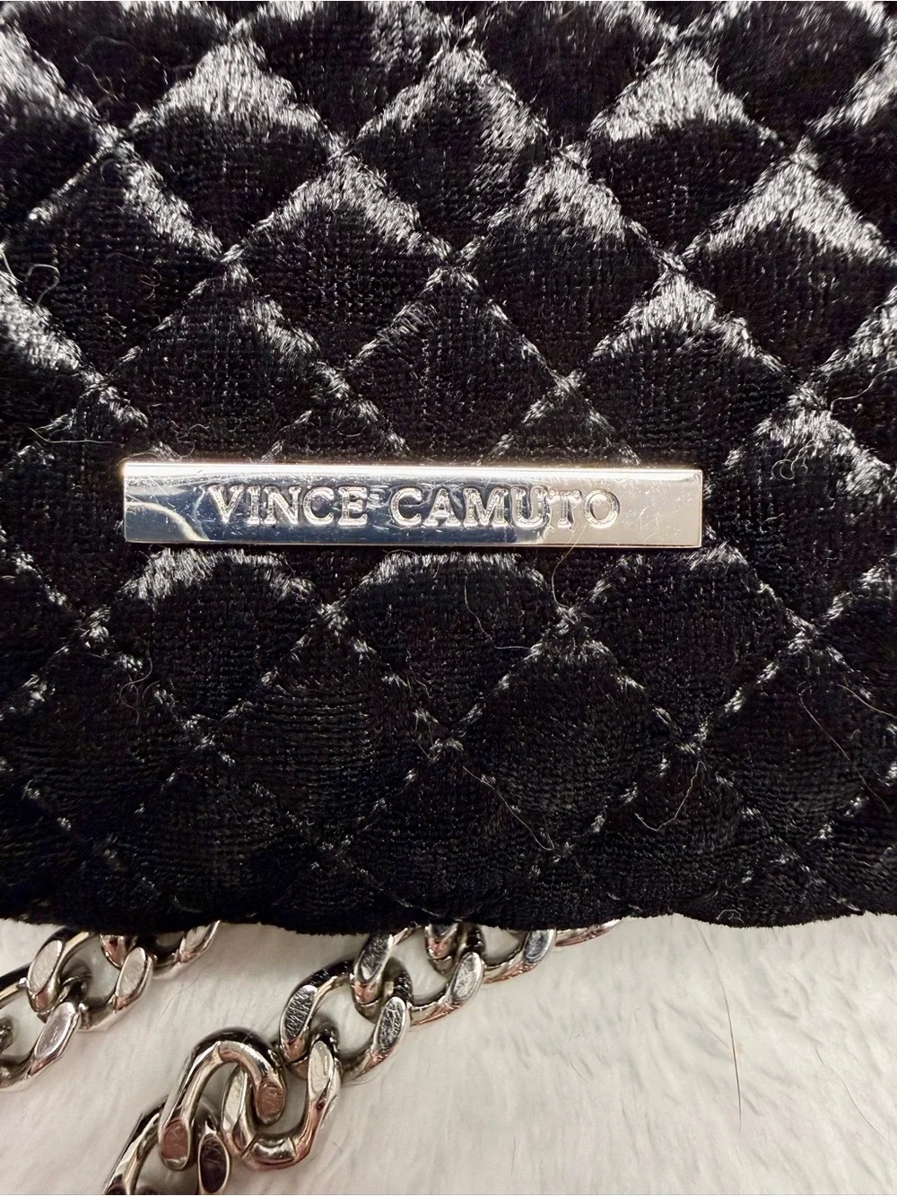 Vince Camuto small black velvet quilted shoulder bag with silver chain